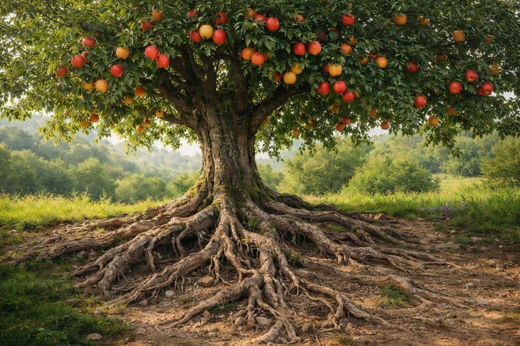 Apple tree with extensive exposed roots and red and yellow apples hanging from branches
