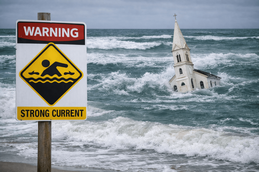 Warning sign about strong currents next to a man struggling in ocean waves raising his hand.