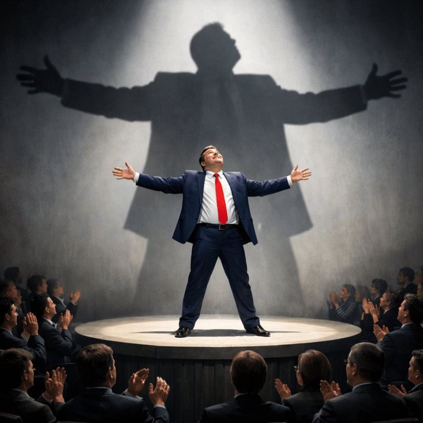 Businessman on stage with arms outstretched and large shadow behind him, audience applauding