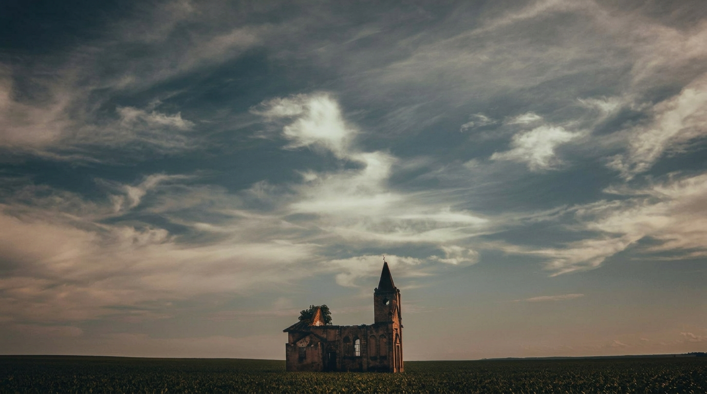 abandoned church in vast countryside landscape