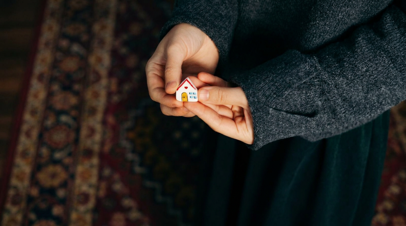 hands holding miniature house on dark fabric